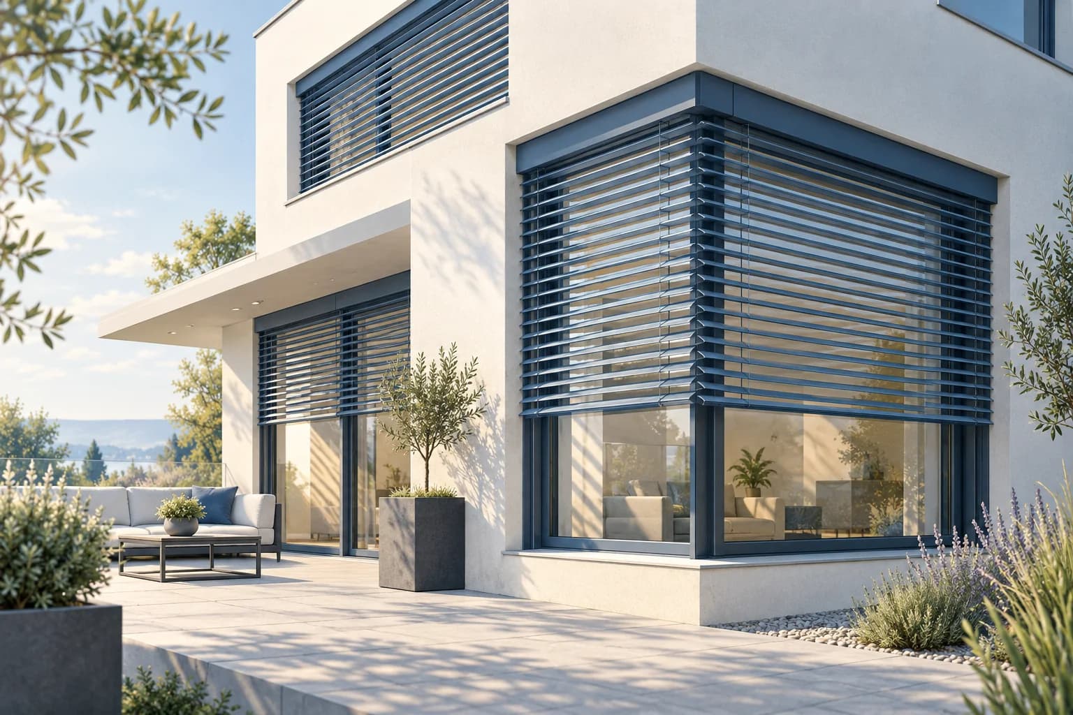 Illustration eines modernen Hauses mit grossen Glasflächen und Aussenraffstoren.