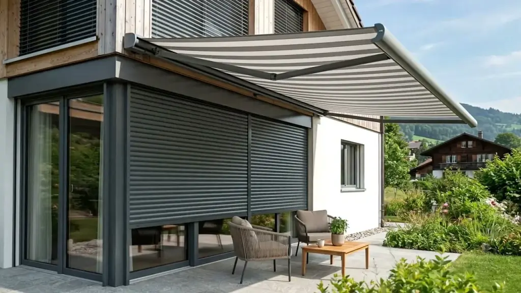 Vidéo montrant un store banne et une protection solaire verticale sur une maison