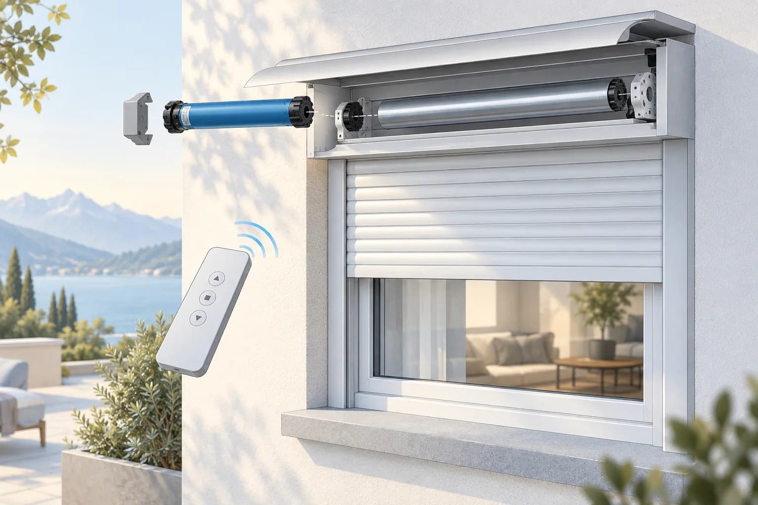 Illustration of a roller shutter with an open housing, tubular motor and remote control.