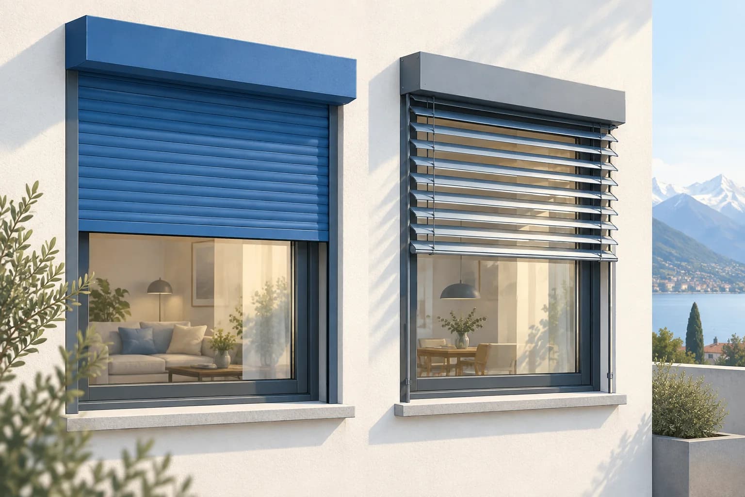 Illustration of two windows with a roller shutter on the left and an external venetian blind on the right.